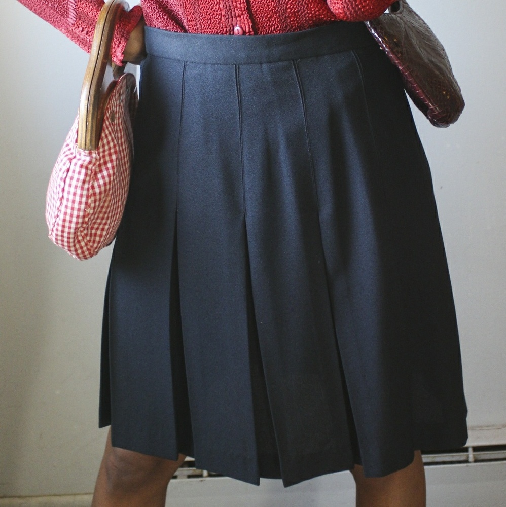 Vintage Skirt Pleated Knee Length Skirt Dark Blue